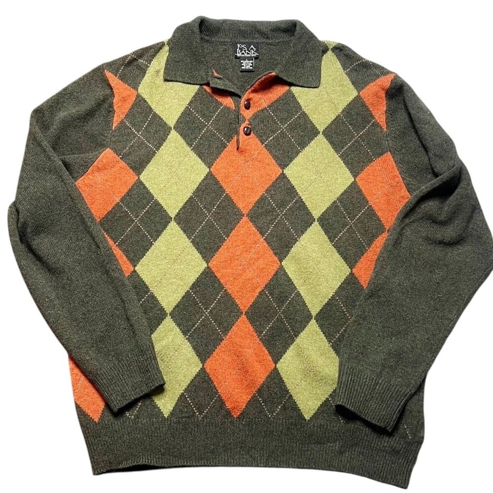Jos. A Bank Sweater Mens Size L Green Orange Argyle Pullover Wool Blend Grandpa